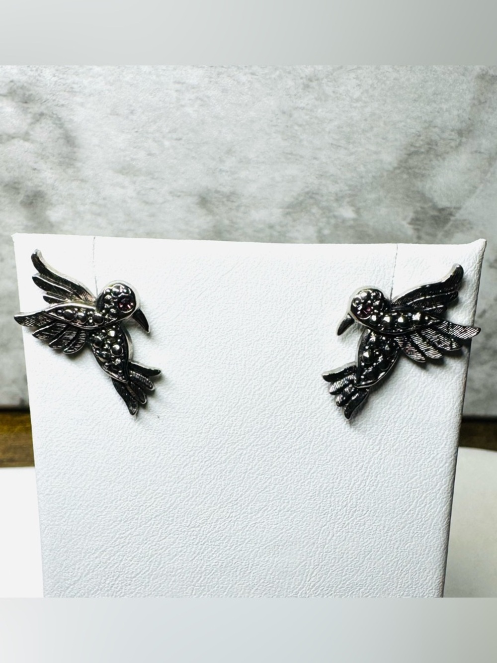 Avon Hummingbird Stud Earrings Gunmetal Silver Tone Rhinestone Accents